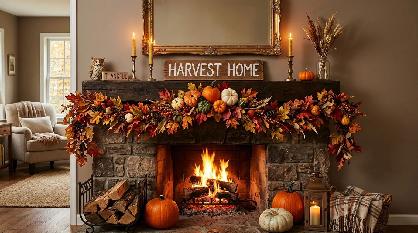 Fall mantel draped with a leaf garland